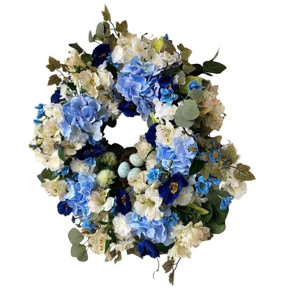 Blue Hydrangea wreath with poppies, birds nest and faux robin eggs. Beautiful!! - Picture 8 of 13